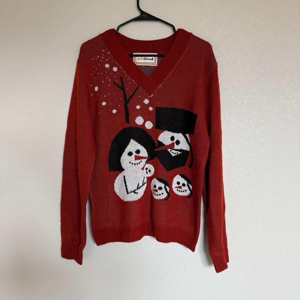 Geltfiend Mens Hanukkah Snowman V-Neck Sweater Rust Large Holiday Orthodox